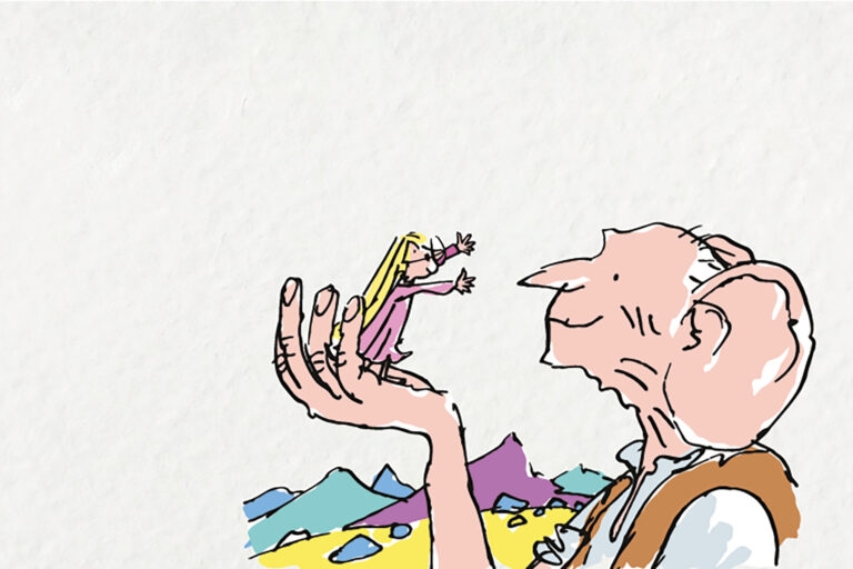 An illustration by Quentin Blake of The BFG holding Sophie in his hand