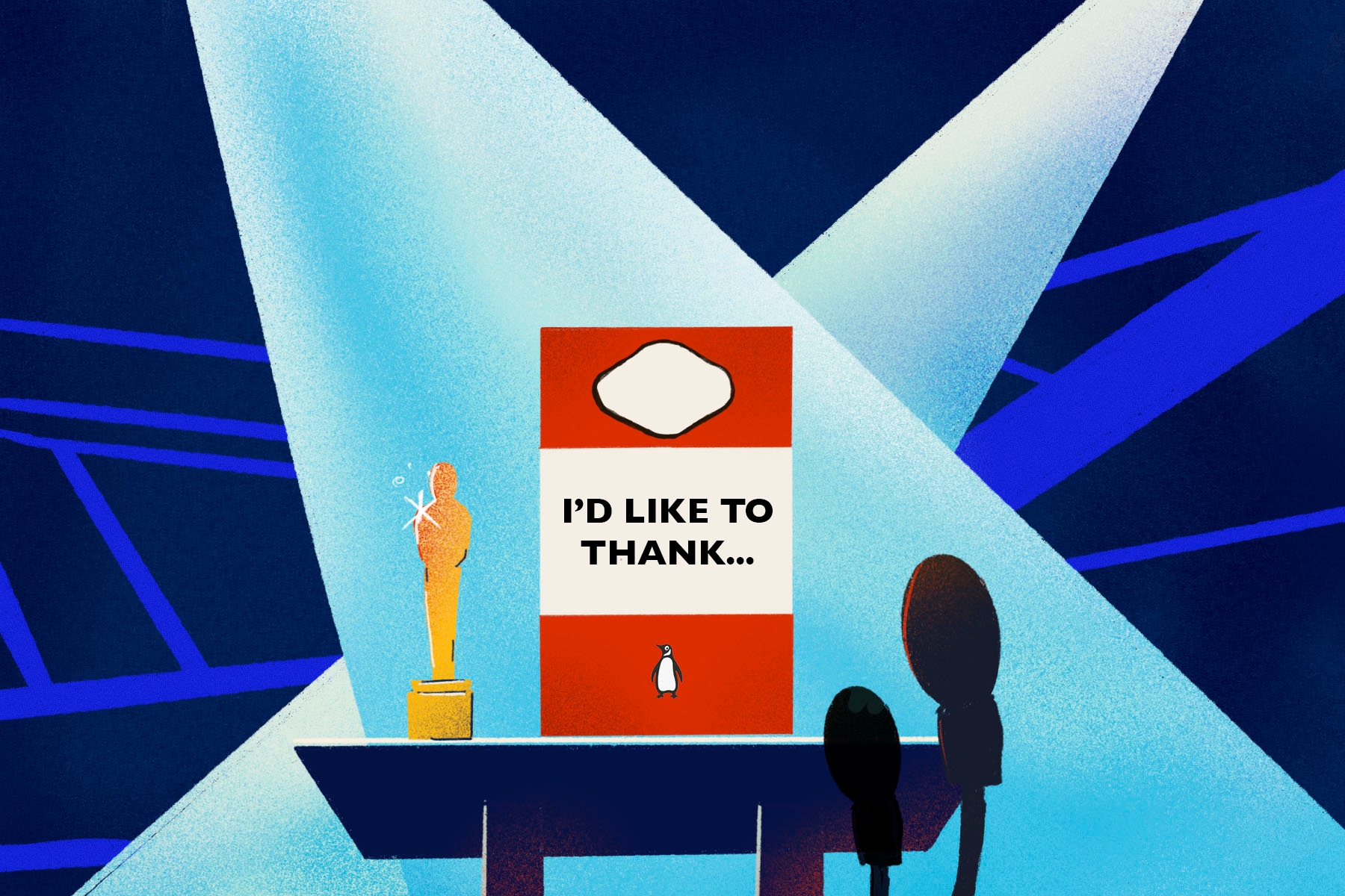 A drawing of a book on a floodlight-lit stage, as though it's giving a thank you speech at an awards ceremony.