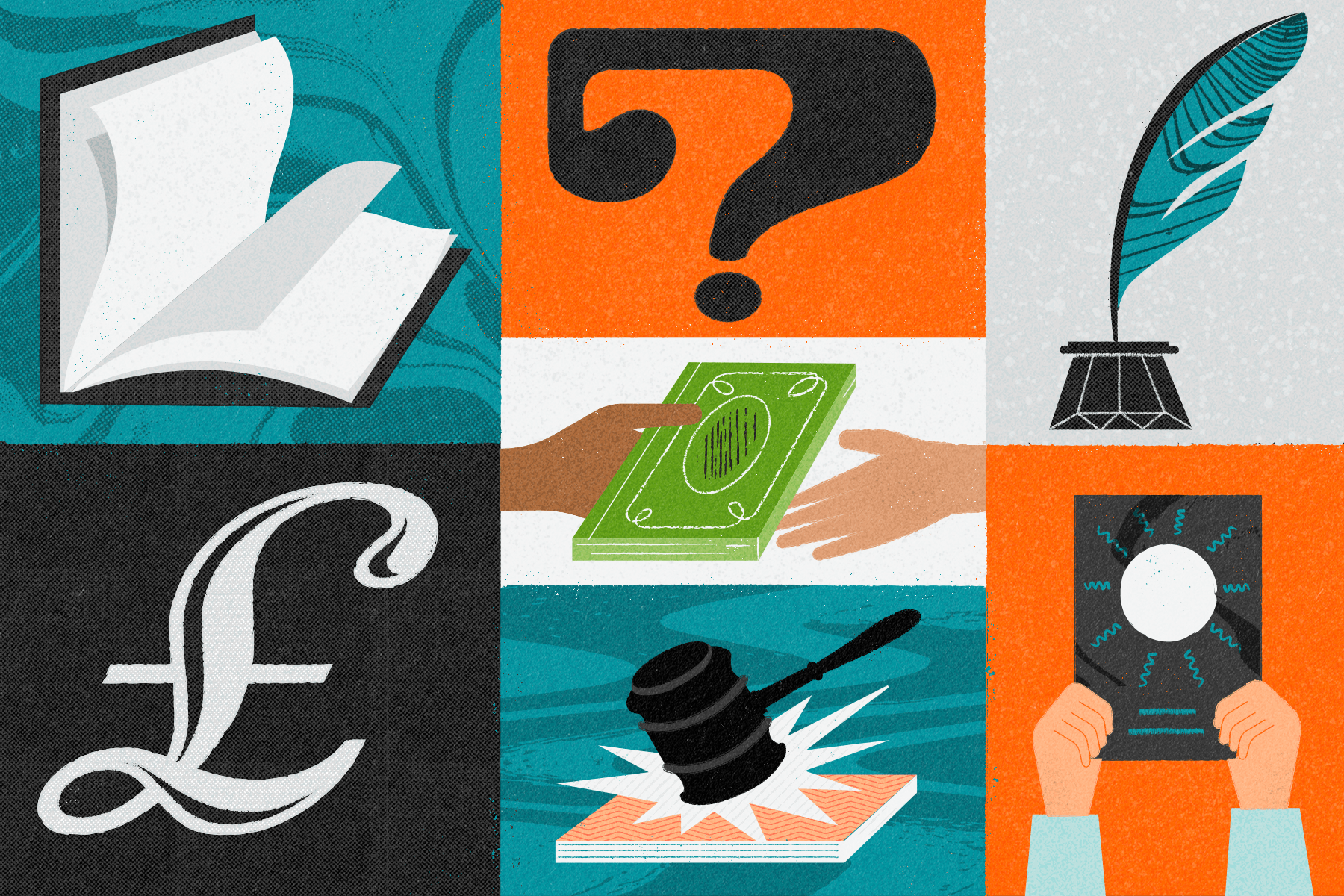 Illustrated grid of all the elements of getting a book deal, auction, exchanging of money and publication