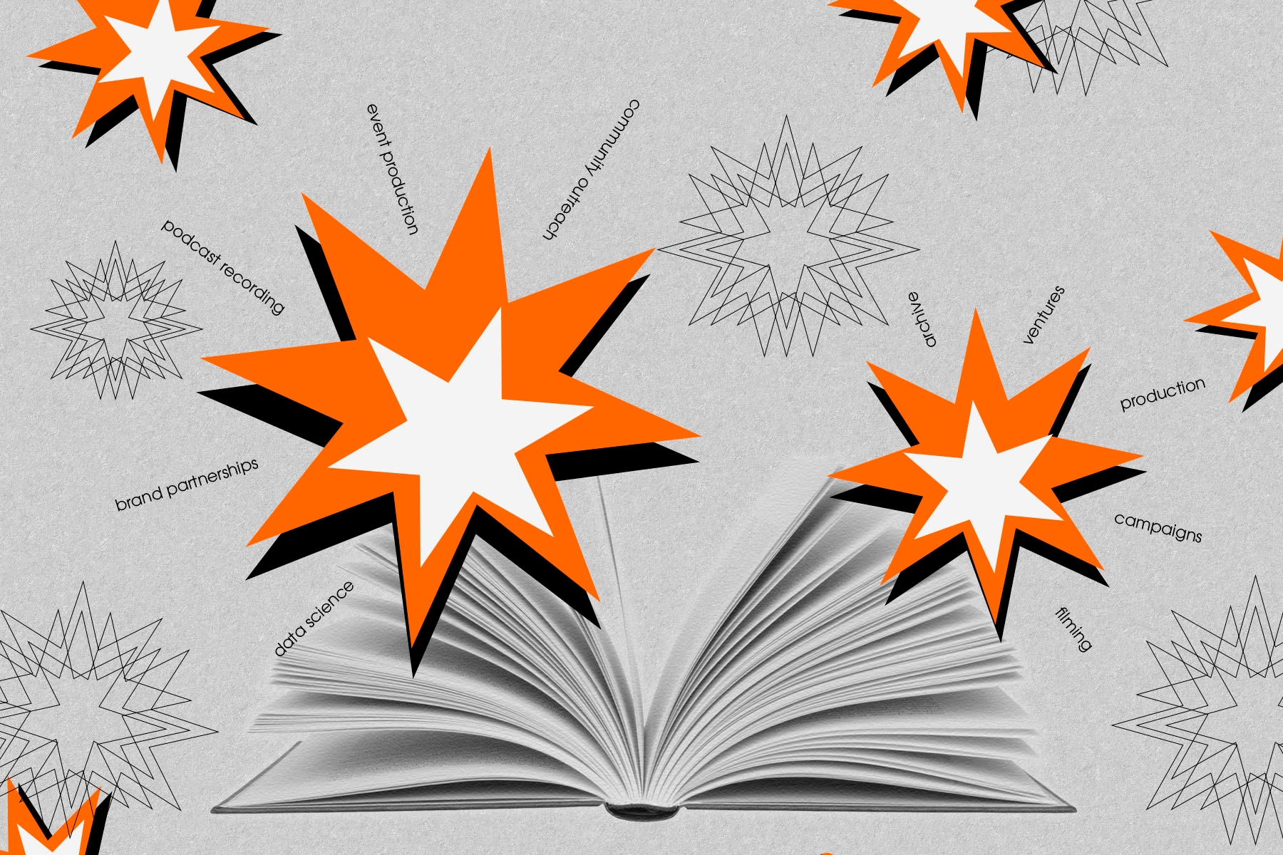 Job title names exploding out of book illustration