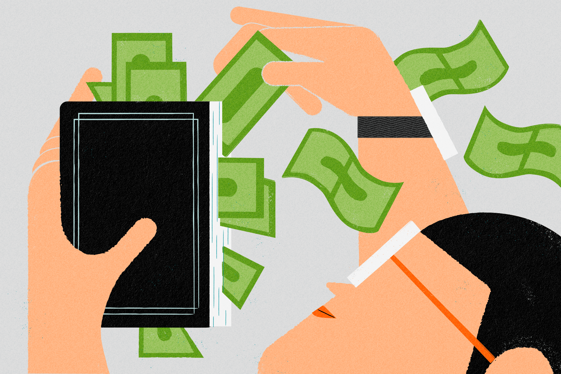 Illustration of a person using a book similarly to a wallet