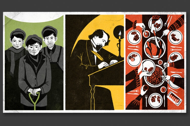 Three illustrations, the first of children, the second of Dickens writing, the third of a view of a Christmas meal, from above