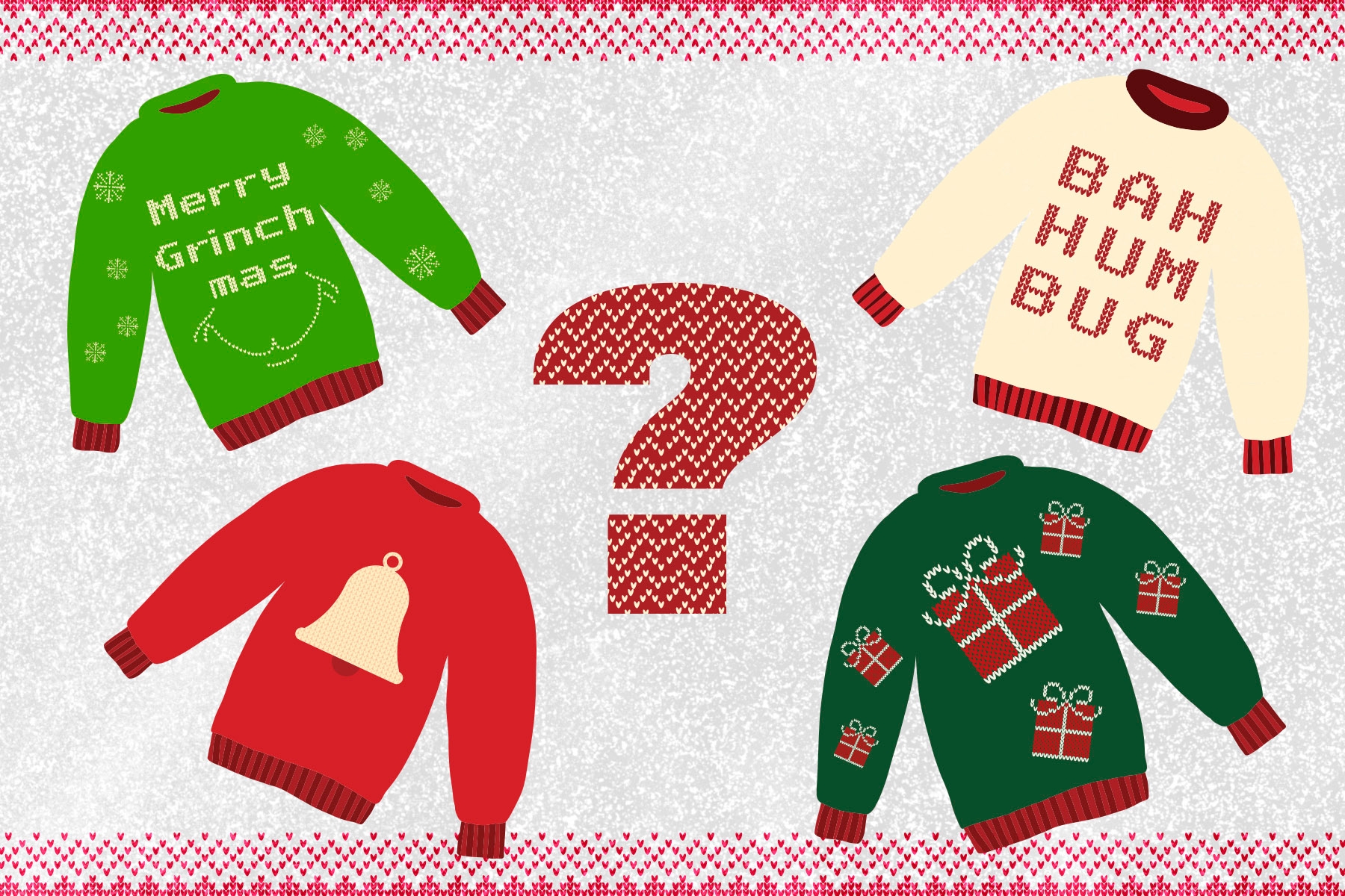 An illustration of Christmas sweaters with various holiday symbols on them.