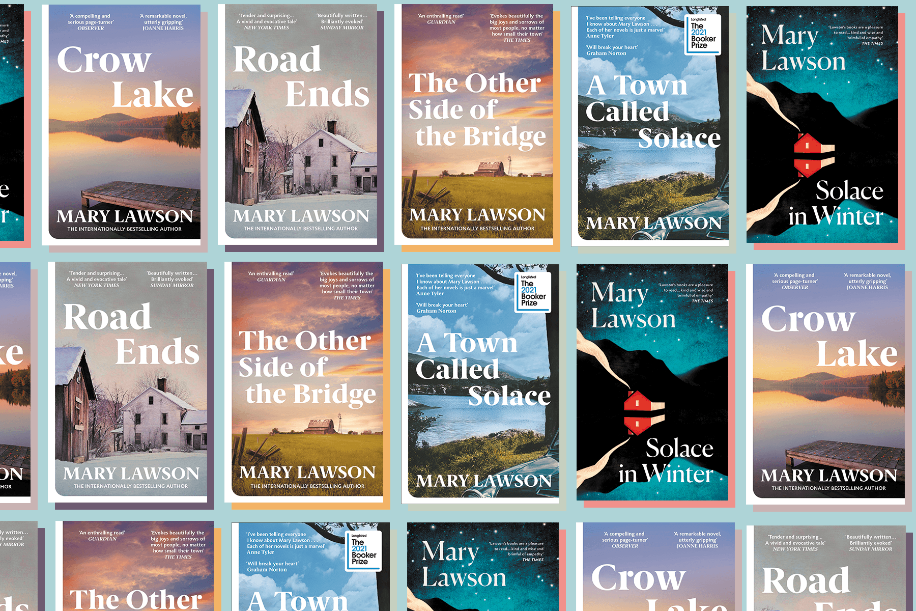 Mary Lawson's UK book covers tiled on a blue background