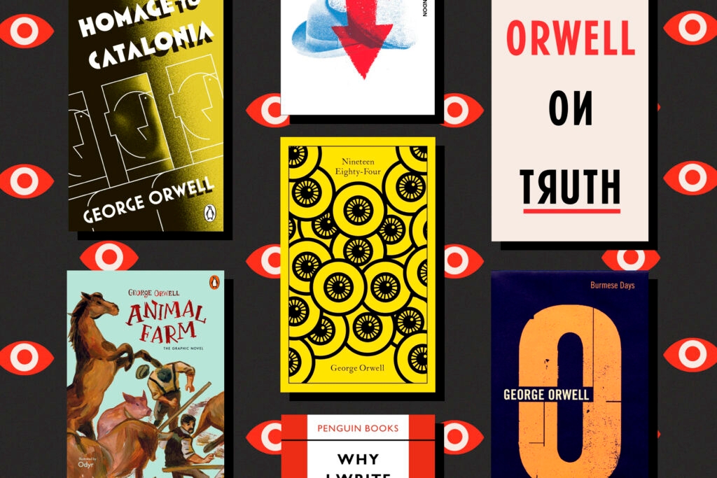 Four Orwell books with graphic art covers, next to a mug of tea, a plant and a blanket.