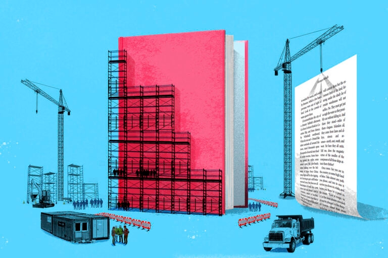 A big red book with scaffolding around, so it looks like it's on a building site, surrounded by tiny workers and fencing.
