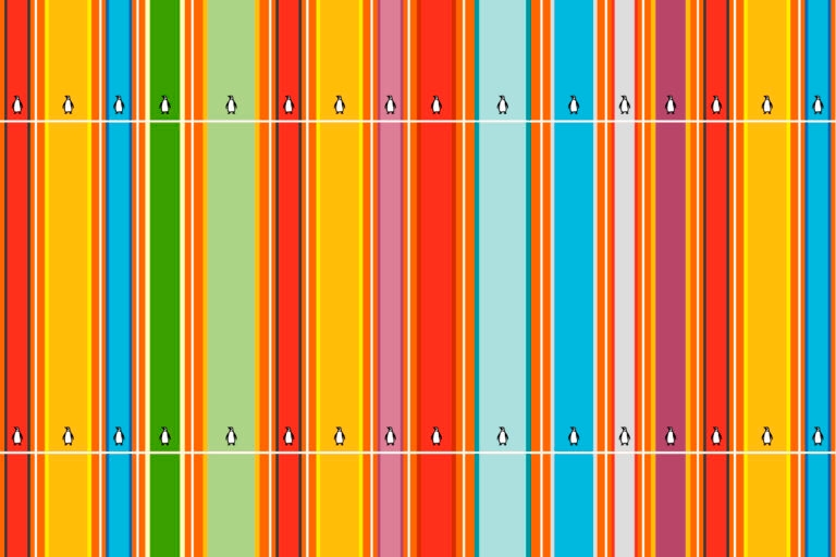 An illustration of several brightly coloured Penguin paperback spines lined up 