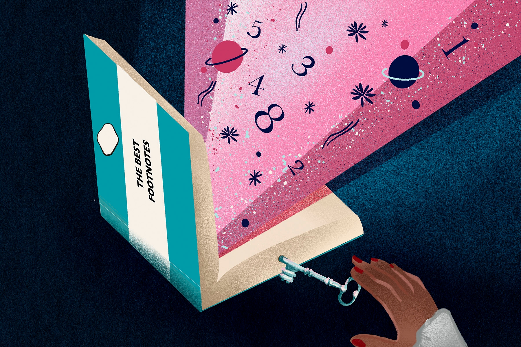Illustration of book being opened by a key, and with a stream of numbers and symbols springing out of it.