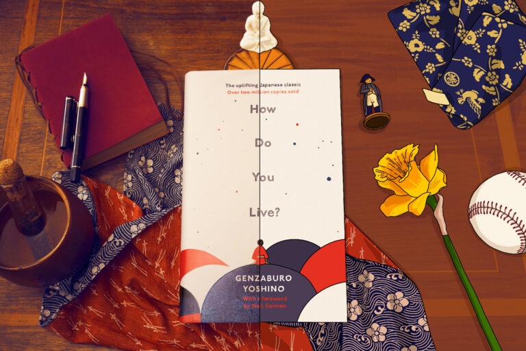 A desk with accoutrements from the novel How Do You Live? by Genzaburo Yoshino, photographed on the left half and illustrated on the right half.