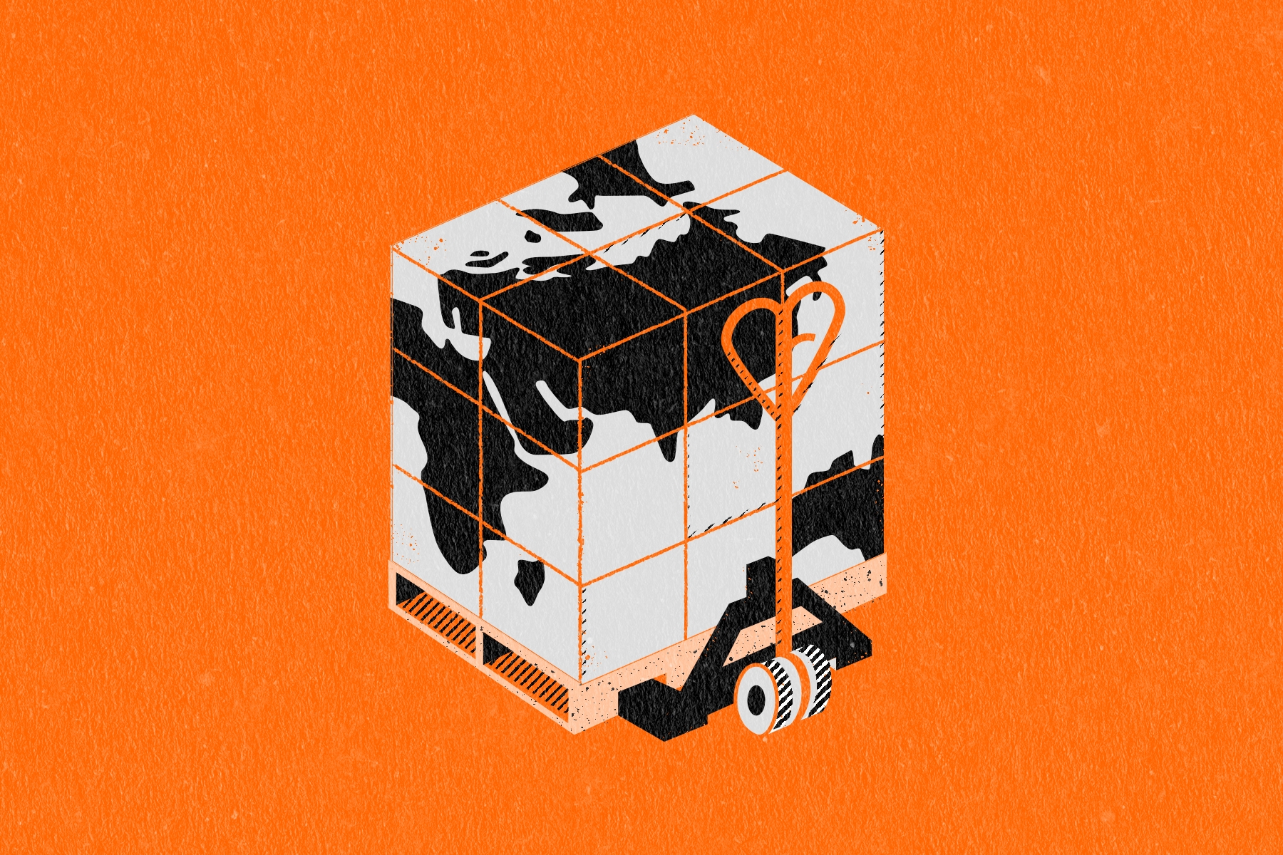 Illustration of distribution palette with a load depicting map of the world 