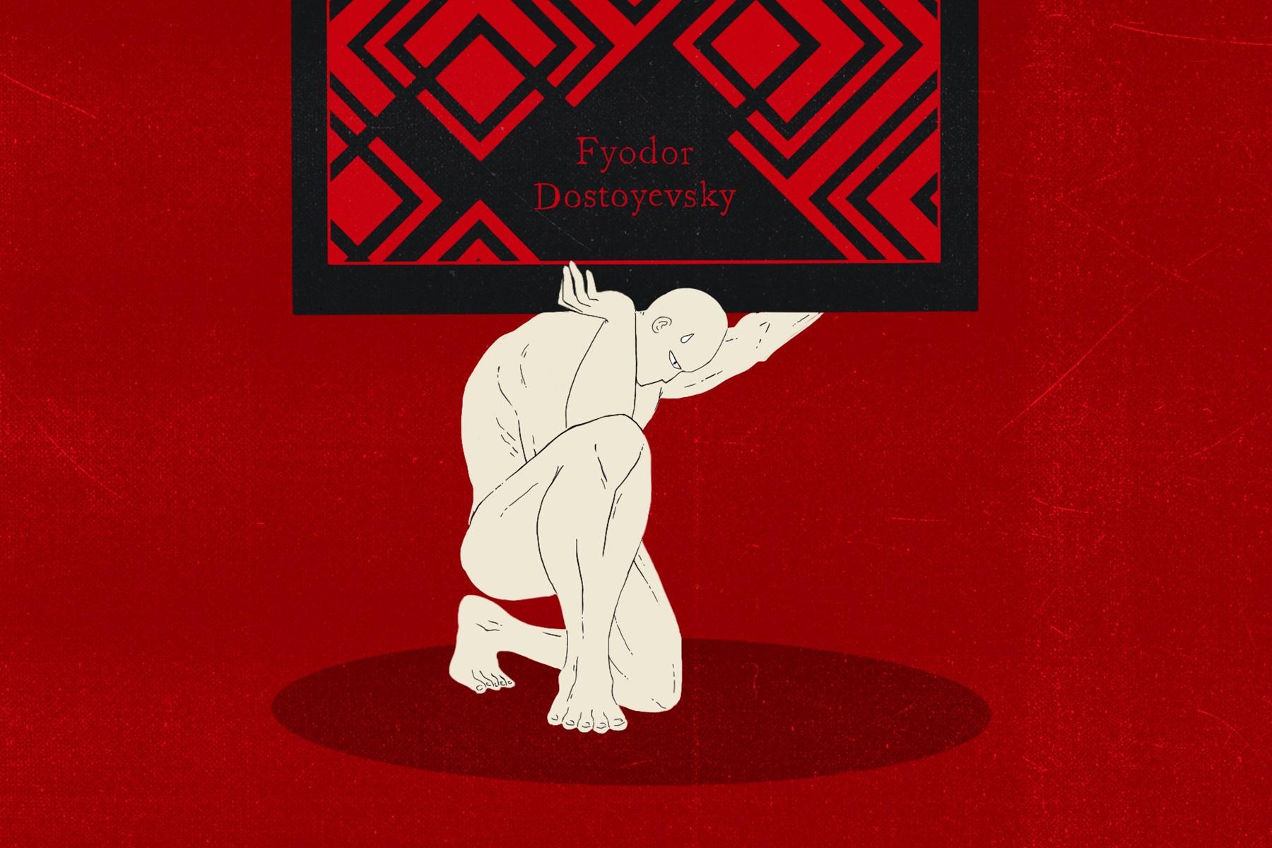 An illustration of a statuesque figure holding up a giant clothbound classic edition of Dostoyevsky's 'Crime and Punishment' and sweating