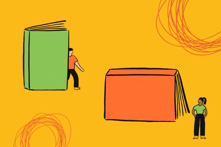 Illustration of two people walking out of giant books, looking at one another with illustrated doodles.