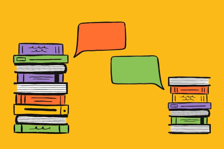 Illustrated stacks of coloured books with speech bubbles 'speaking' to each other