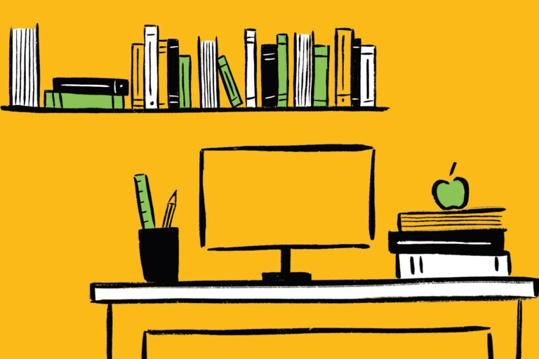 Illustration of a teacher's desk with computer, shelf of books and pot of pencils.
