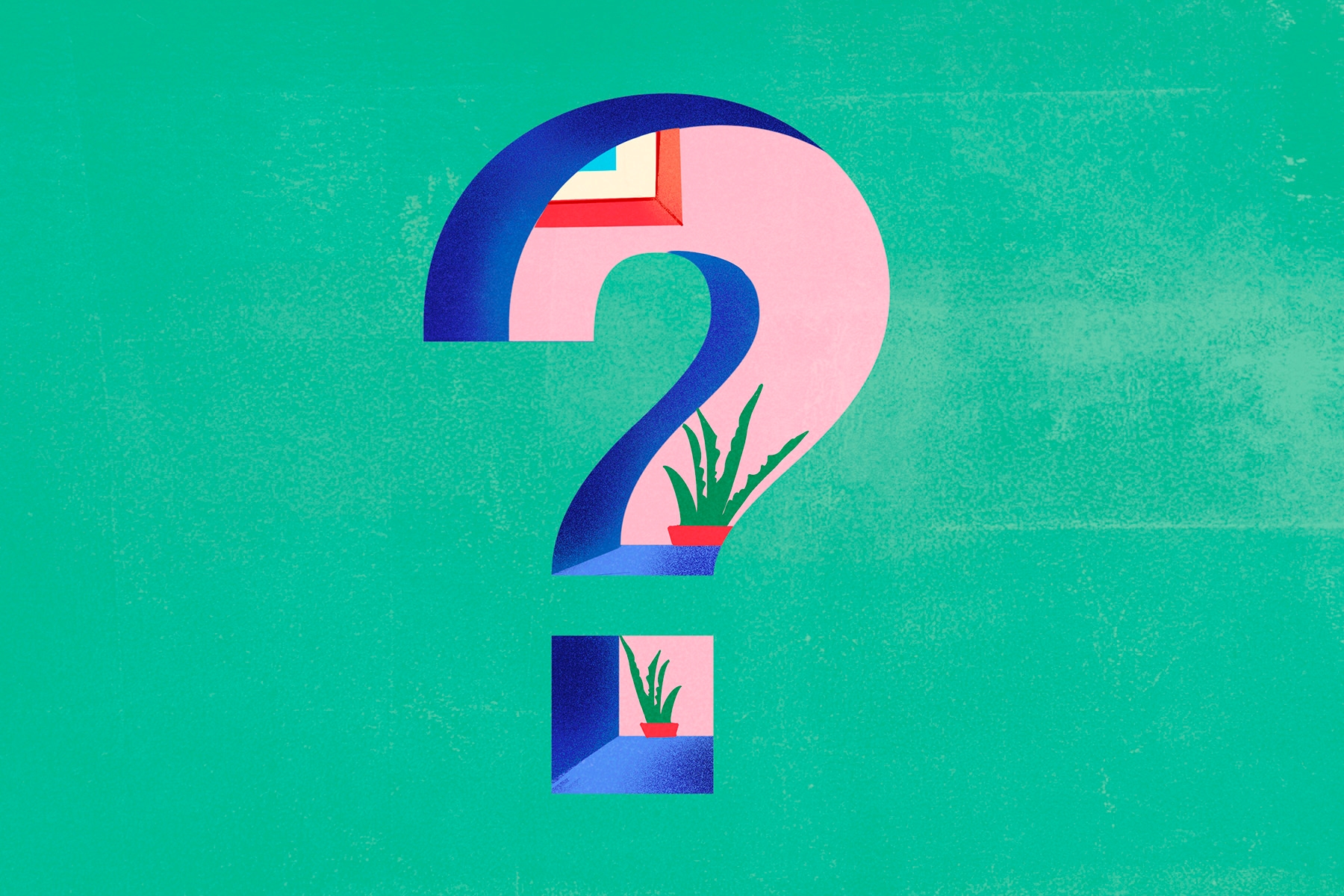 An illustration of a pink question mark on an aqua green background, inside which one can see a living room with houseplants.