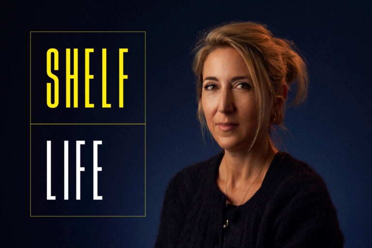 A photograph of Lisa Jewell on a midnight blue background, with the words 'Shelf Life' in white and yellow to her left.