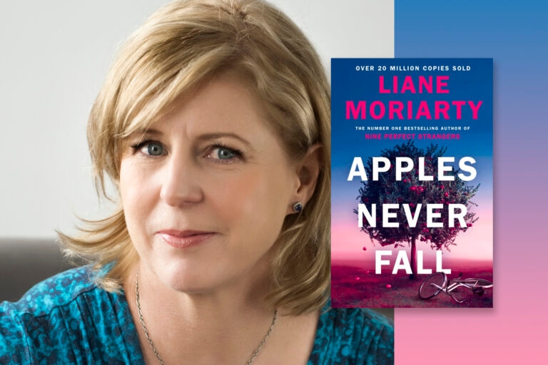 The cover of Apples Never Fall next to a portrait of Liane Moriarty