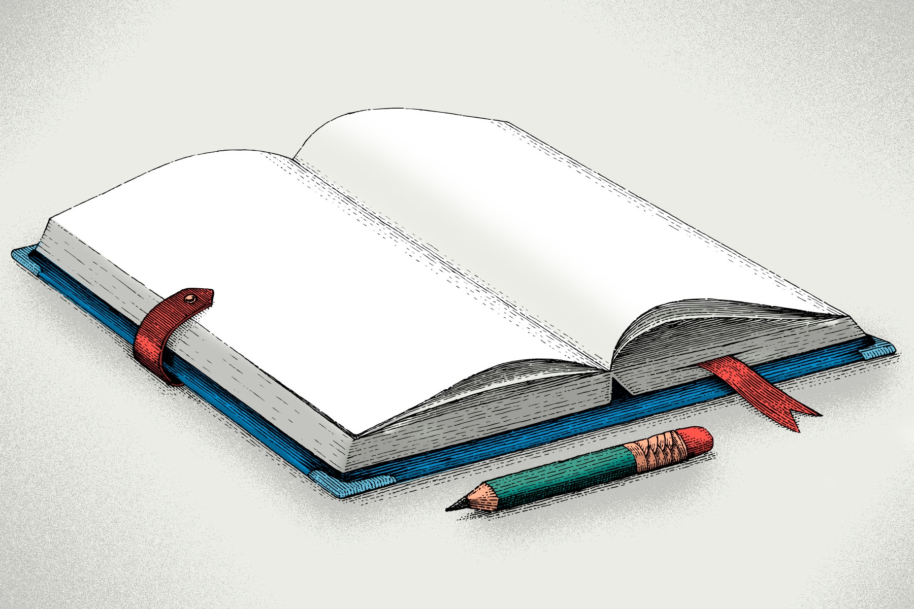 A line drawing of a notebook with a pencil