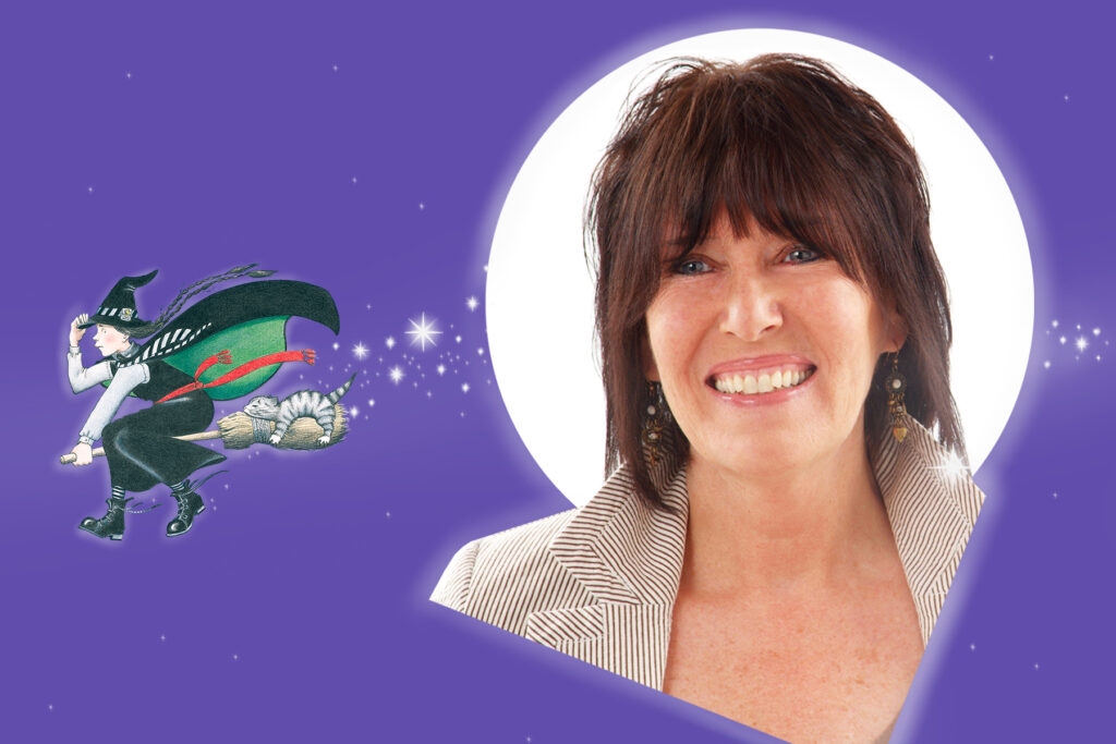 An image of Jill Murphy with a white circle behind her then to the left is an illustration of Mildred Hubble from The Worst Witch fling on a broomstick