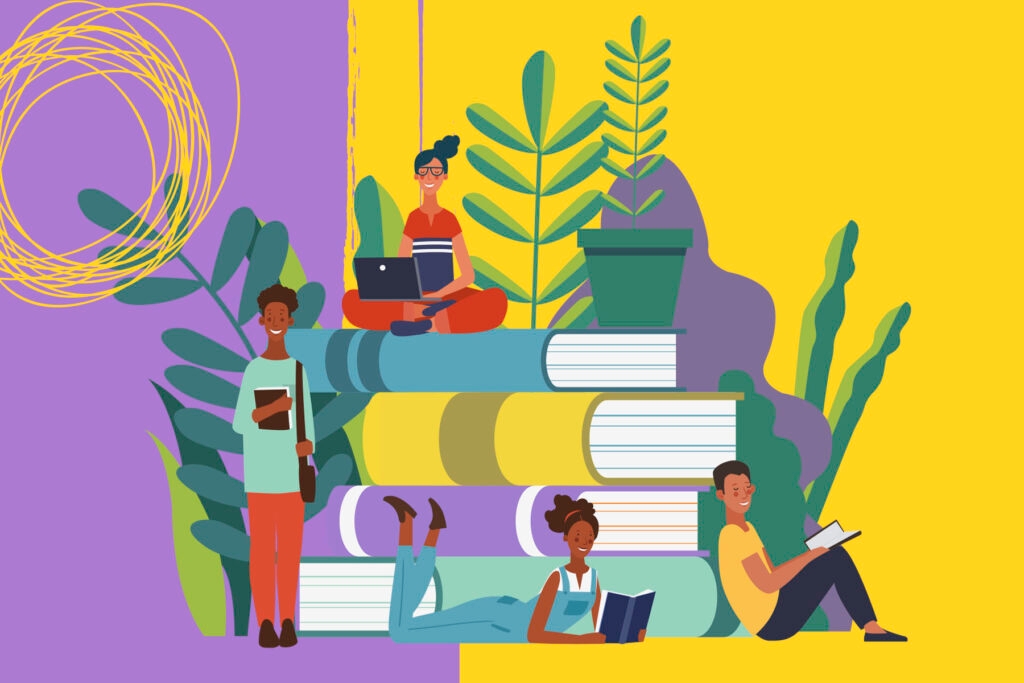 An illustration of people sitting on a stack of oversized books