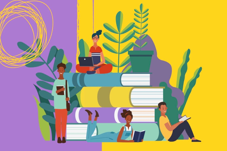 An illustration of people sitting on a stack of oversized books