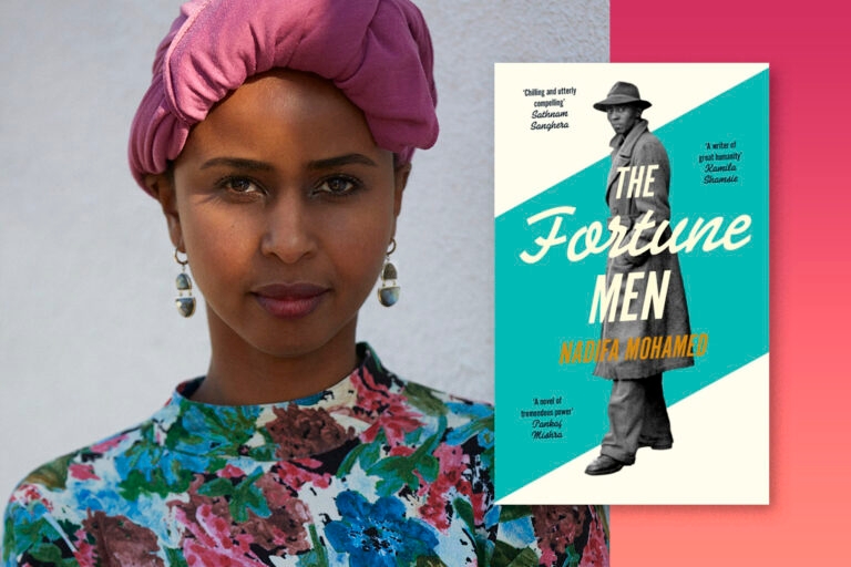 A photo of author Nadifa Mohamed on a grey background, with her book The Fortune Men overlaid next to her.
