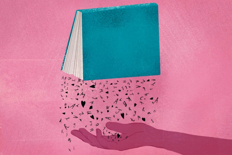 An illustration of a turquoise-coloured book, spine facing upwards, with letters and hearts falling out of its pages onto an outstretched hand, against a pink background.
