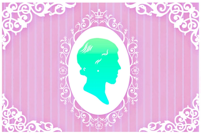An illustration of a green cameo on a pink background