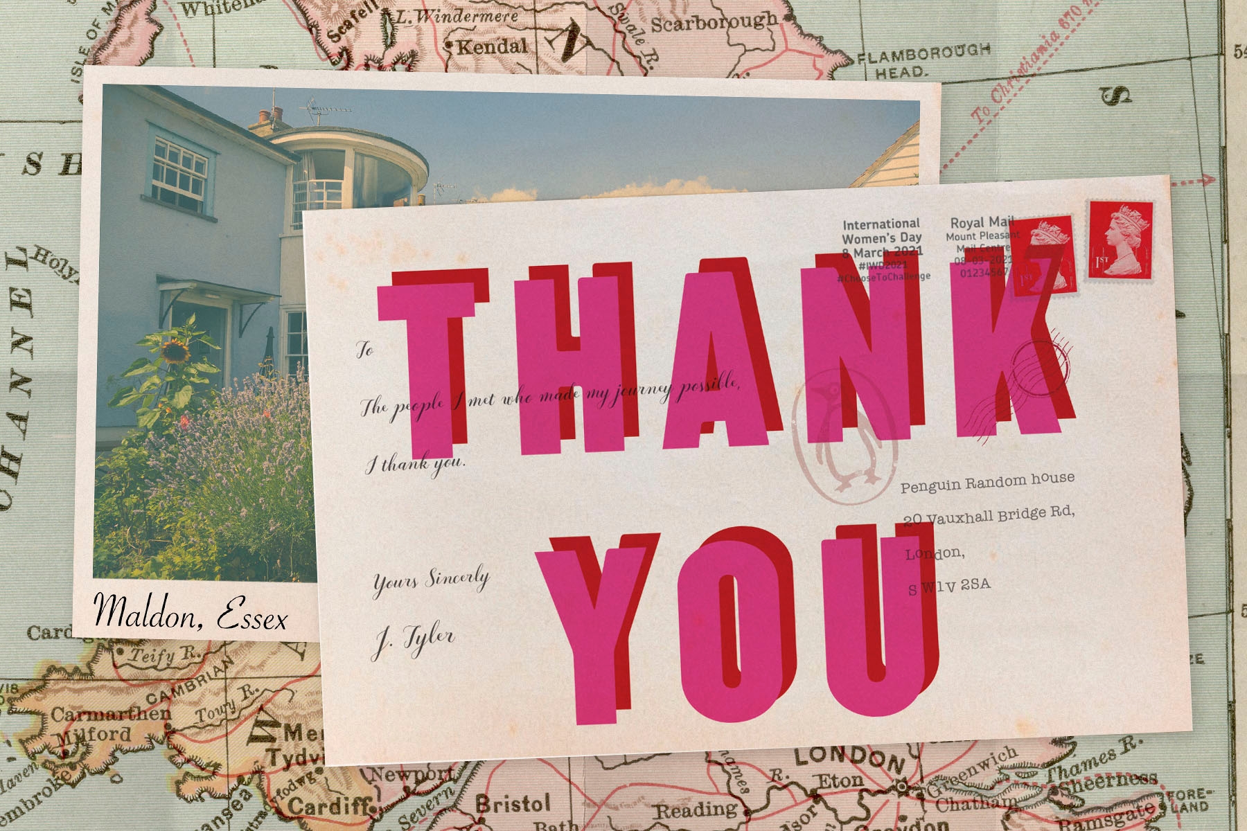 An illustration of a postcard, with the words 'Thank you' in bold, pink typeface.