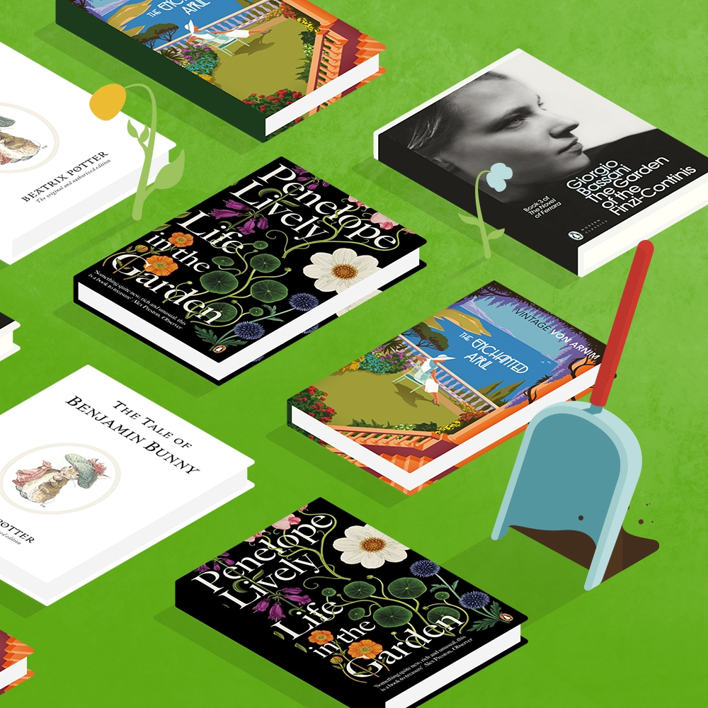 A flatlay of books on a green background with an illustrated spade