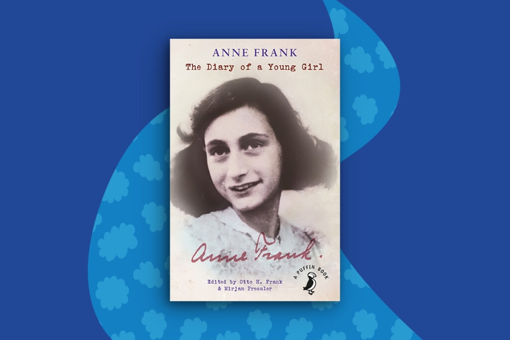 An image showing the book cover of The Diary of a Young Girl by Anne Frank on a dark blue background with a blue splodge that features clouds inside it