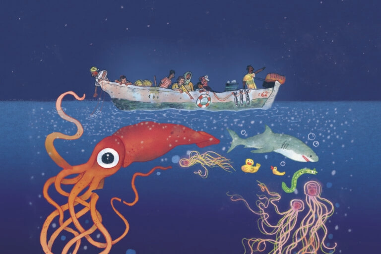 An illustration by Sophie Burrows for her new book Weird Sea. It shows a group of people on a boat looking over the side at all the wonderful creatures they can see in the sea.