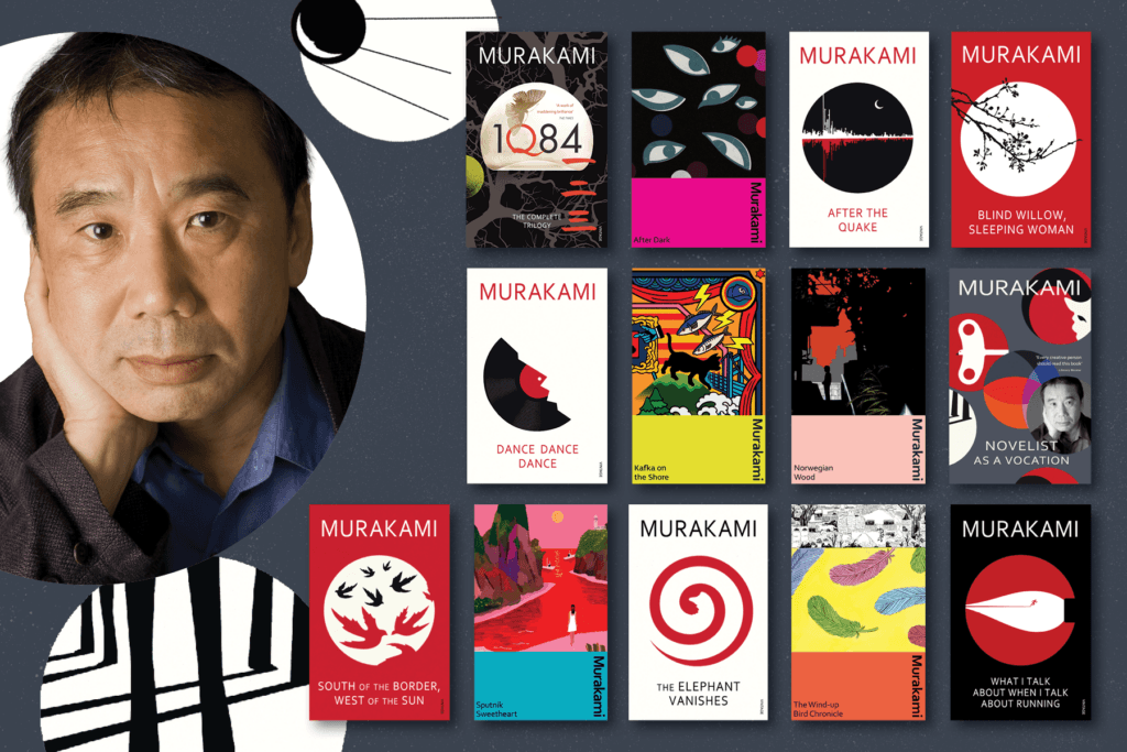 A photo of Murakami alongside book covers.