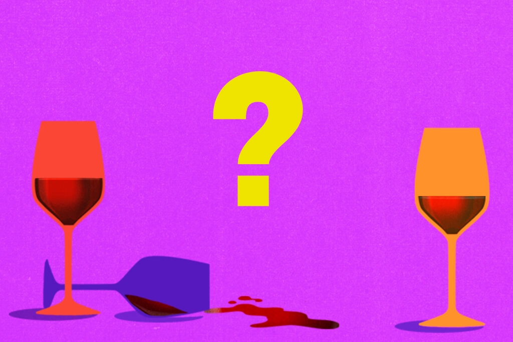 Three illustrated wine glasses surrounding a question mark