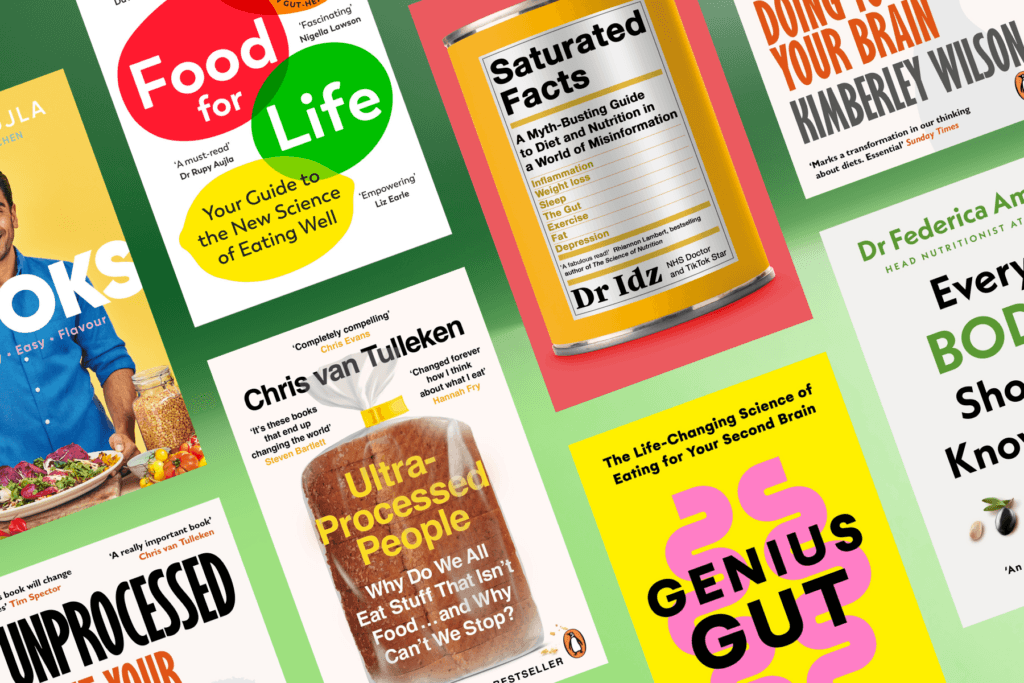 Nutrition books showing Food for Life, Saturated Facts, Unprocessed, Ultra Processed People.