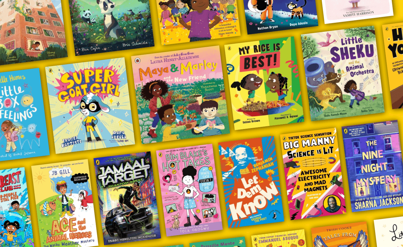A colourful overhead display of numerous children's book covers, featuring diverse characters, animals, and themes like science, adventure, and feelings, arranged on a yellow background.
