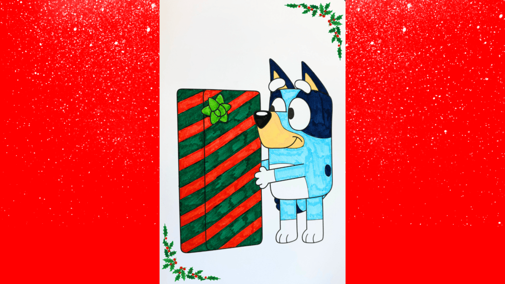Illustration of Bluey next to a Christmas present