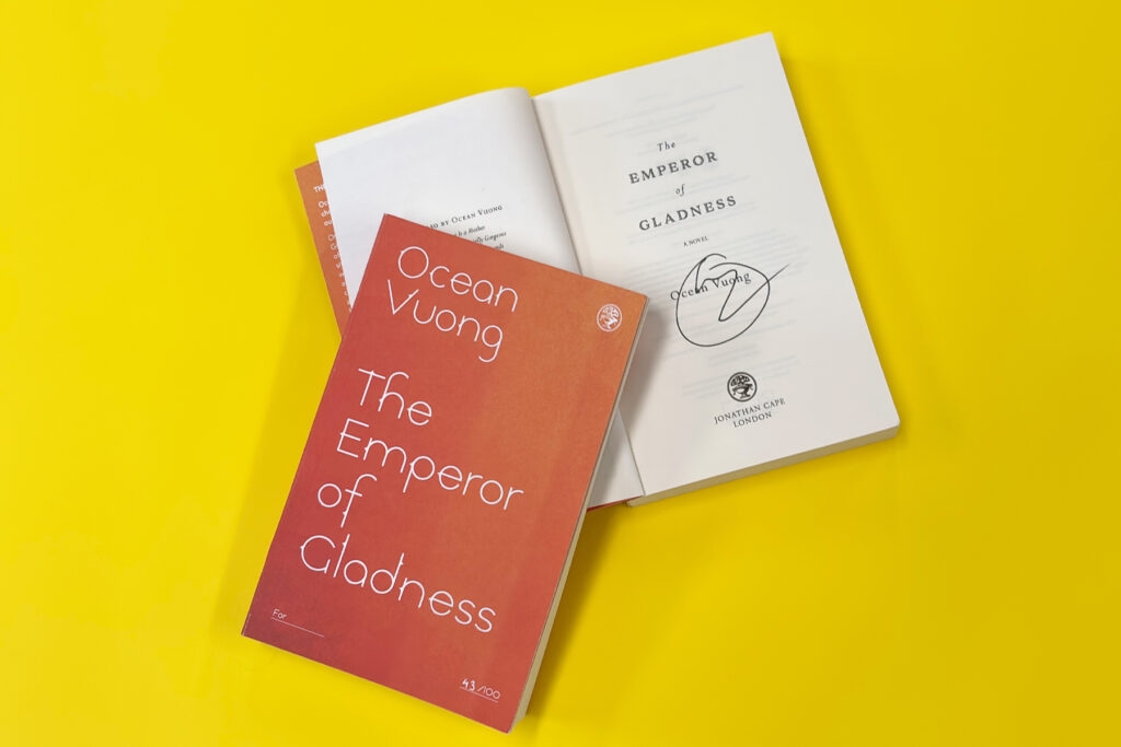 An image of the limited edition proof and Ocean Vuong's signature on a yellow background