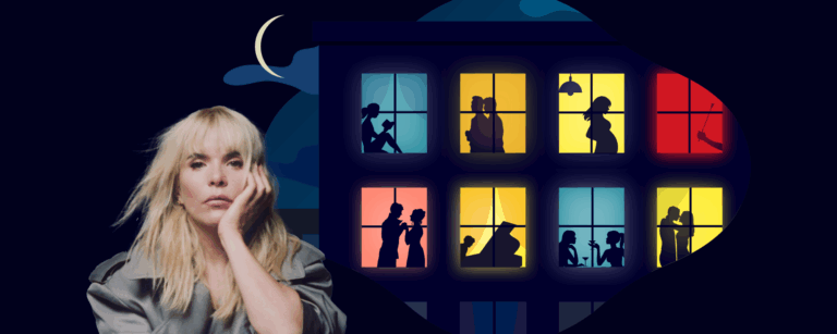 A banner featuring a portrait of Paloma Faith and an illustration of apartment block windows, each with human silhouettes representing different relationships