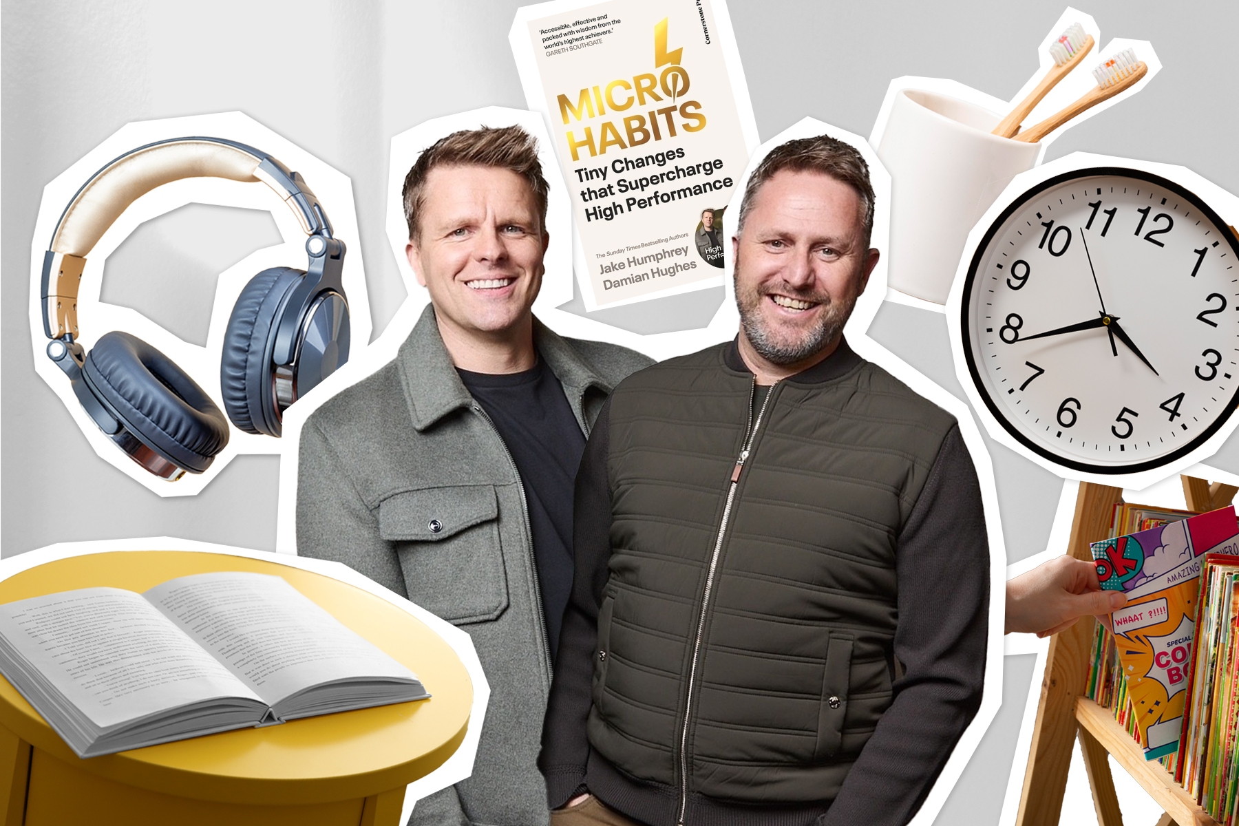 Collage of books, headphones, and a photo of Jake Humphrey and Damian Hughes.