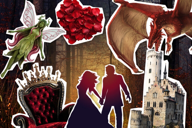 Collage of images associated with romantasy books, including a fae, throne, castle and a couple.