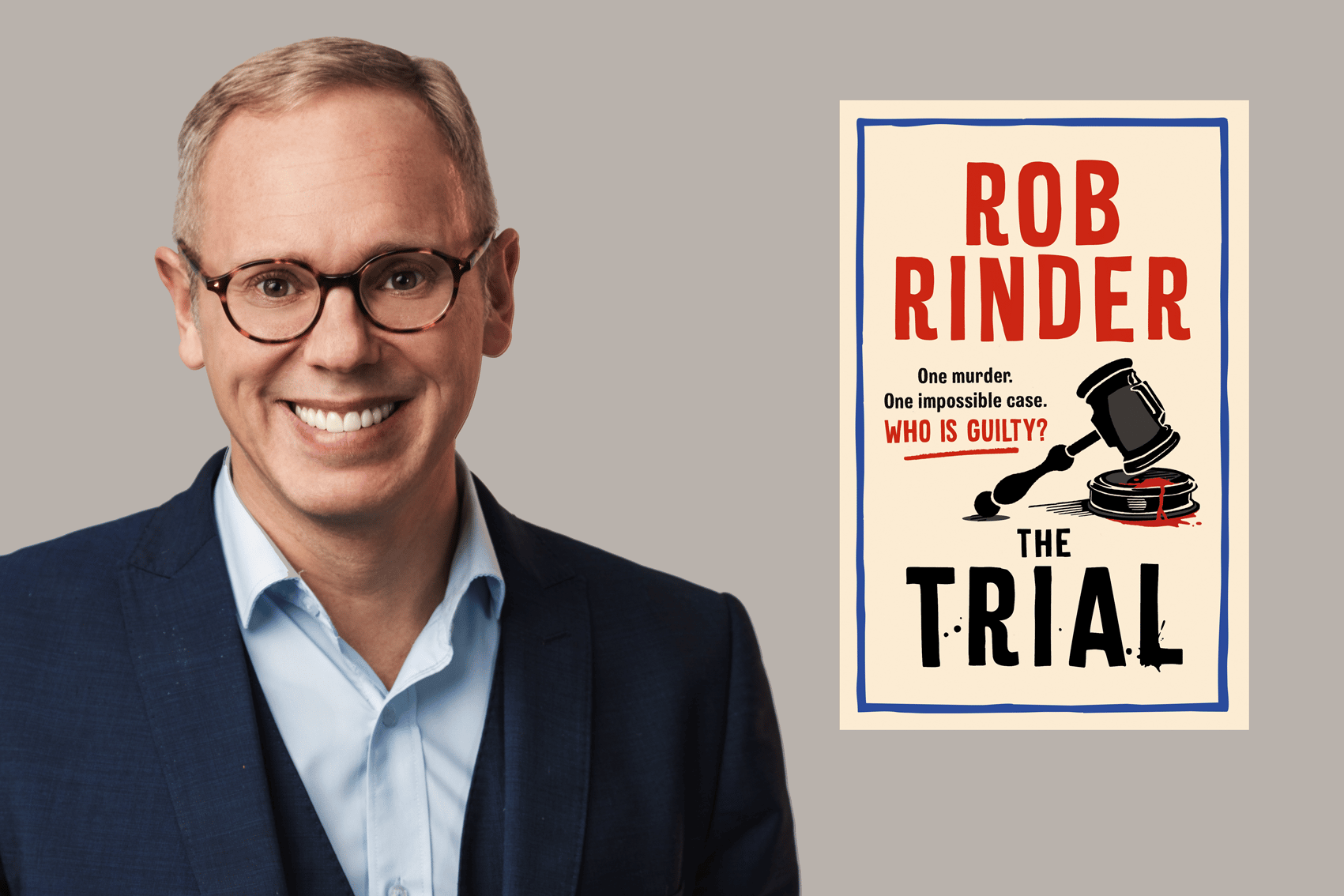 Photo of barrister and broadcaster Rob Rinder next to an image of his first crime novel, The Trial