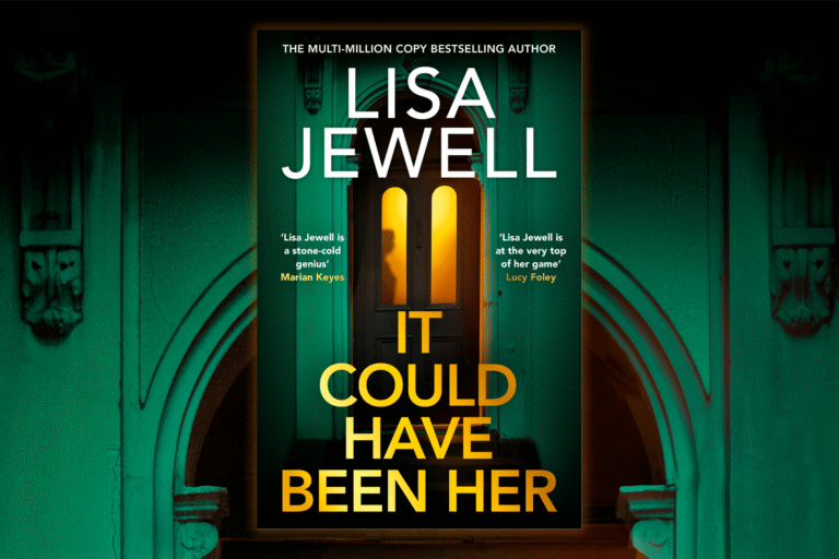 Book cover for Lisa Jewell’s It Could Have Been Her, set against a dark green image of an arched doorway glowing with yellow light.