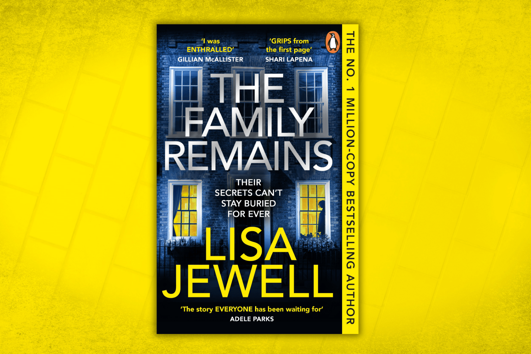 Book cover of The Family Remains by Lisa Jewell on a yellow background