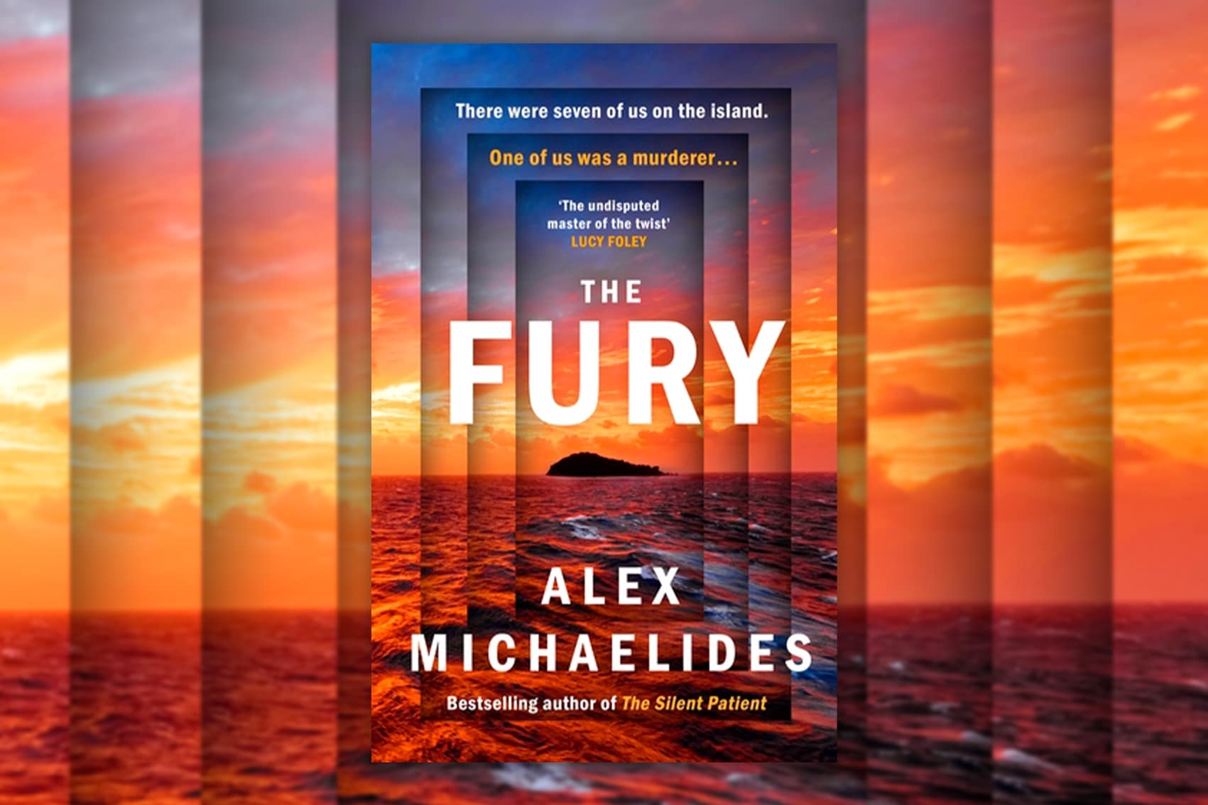 Book cover of The Fury by Alex Michaelides on a background of a sunset