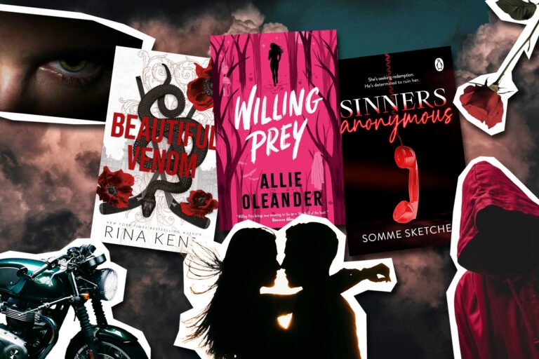 Dark romance collage, including motorbike, secret society member and three book titles: Beautiful Venom by Rina Kent, Willing Prey by Allie Oleander and Sinners Anonymous by Somme Sketcher.