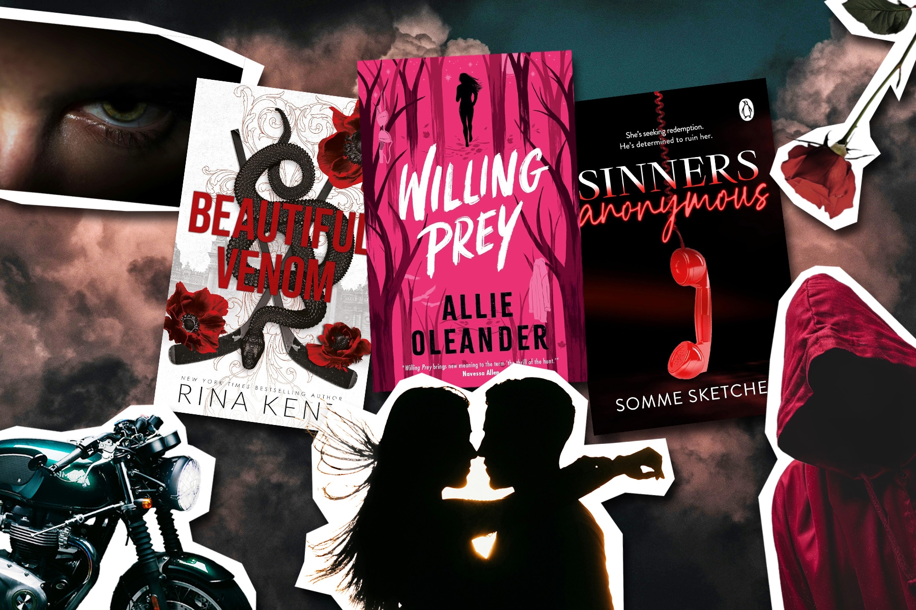 Dark romance collage, including motorbike, secret society member and three book titles: Beautiful Venom by Rina Kent, Willing Prey by Allie Oleander and Sinners Anonymous by Somme Sketcher.