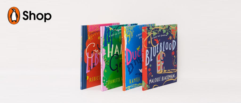 VINTAGE feminist fairy tales four books lined up with illustrated covers facing forward