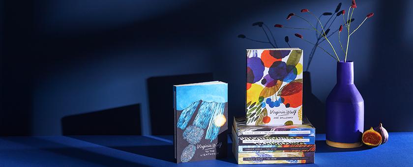 Virginia Woolf illustrated series, six books, with blue vase