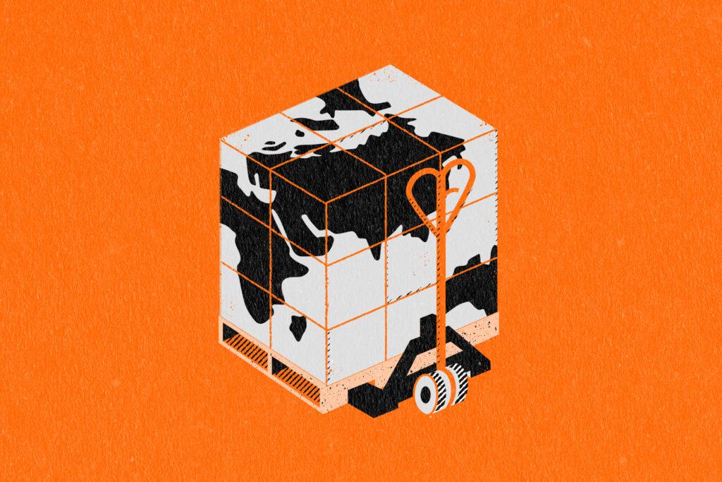 Illustration of distribution palette with a load depicting map of the world 